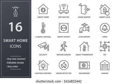 Set of smart home icons, such as climate control, security, iot, camera and more. Editable stroke.