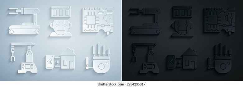 Set Smart home, Printed circuit board PCB, Assembly line, Mechanical robot hand, Robot and  icon. Vector
