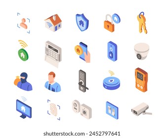 Set of smart home related colorful icons. Bright signs with remote home control system using Wi Fi, biometric lock and CCTV system. Cartoon isometric vector collection isolated on white background