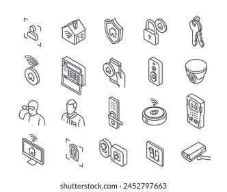 Set of smart home related line icons. Symbols with biometric lock, CCTV system for home security and remote control. Design for app. Outline isometric vector collection isolated on white background