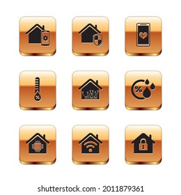 Set Smart home remote control system, with wi-fi, Humidity, Mobile heart rate, House under protection and  icon. Vector