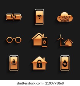 Set Smart home remote control system, House under protection, Humidity for smart, with wind turbine, Mobile and password, Glasses, Internet of things and Battery icon. Vector