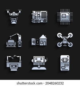Set Smart home, Robot, Bot, Drone flying with action camera, Assembly line, Industrial machine robotic robot arm hand, Processor microcircuits CPU and delivery concept icon. Vector