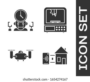 Set Smart home, Robot and digital time manager, Drone flying with action camera and 3D printer icon. Vector