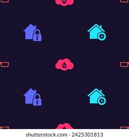 Set Smart home settings, House under protection, Humidity and Glasses on seamless pattern. Vector