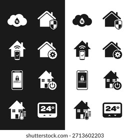 Set Smart Home Einstellungen, Fernbedienung, Luftfeuchtigkeit, Haus unter Schutz, Handy und Passwort, Thermostat und Temperatur-Symbol. Vektorgrafik