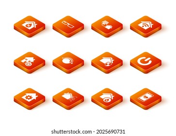 Set Smart home settings, Thermostat, House humidity, under protection, Mobile with heart rate and Power button icon. Vector