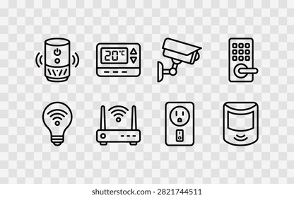 Set of smart home thin line icons, including security camera, thermostat, smart speaker, router, light bulb, and power outlet