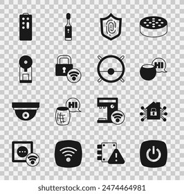 Set Smart home, Voice assistant, Fingerprint, Digital door lock, coffee machine, Remote control and Robot vacuum cleaner icon. Vector