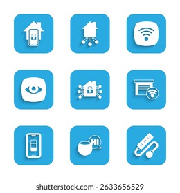 Set Smart home, Voice assistant, Electric extension cord, garage, Smartphone battery charge, Security camera, Wi-Fi wireless internet network and Mobile with smart icon. Vector