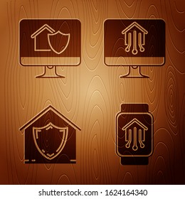 Set Smart home with smart watch, Computer monitor with house under protection, House under protection and Computer monitor with smart home on wooden background. Vector
