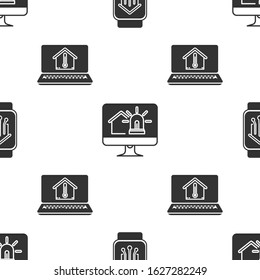 Set Smart home with smart watch, Computer monitor with smart house and alarm and Laptop with house temperature on seamless pattern. Vector