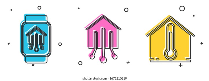 Set Smart home with smart watch, Smart home and House temperature icon. Vector