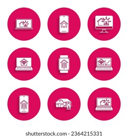 Establezca Smart home con reloj inteligente, casa y alarma, Laptop, wi-fi, teléfono móvil, monitor de computadora e icono. Vector