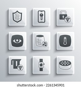 Set Smart home with smart watch, Water sensor, Thermostat, Voice assistant, electric kettle, Security camera, Fingerprint and Digital door lock icon. Vector