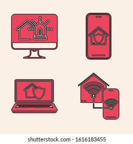 Set Smart home with wi-fi, Computer monitor with smart house and alarm, Mobile phone with house under protection and Laptop with house under protection icon. Vector
