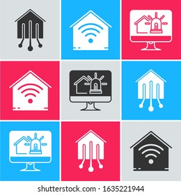 Set Smart home, Smart home with wi-fi and Computer monitor with smart house and alarm icon. Vector