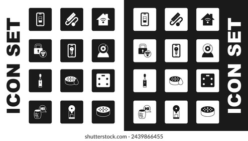 Set Smart Home mit Wi-Fi, Schlüssel, digitales Türschloss, Smartphone-Batterieladung, Webkamera, elektrischem Verlängerungskabel, Badezimmerwaagen und Zahnbürsten-Symbol. Vektor