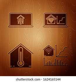 Set Smart home with wi-fi, Laptop with smart home, House temperature and Laptop with smart home with wi-fi on wooden background. Vector