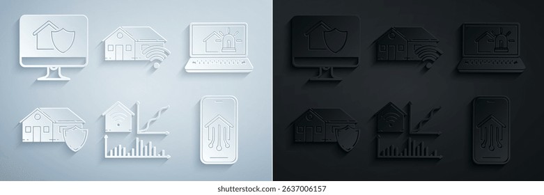 Set Smart home with wi-fi, Laptop smart house and alarm, House under protection, Mobile phone,  and Computer monitor icon. Vector