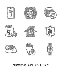 Set Smart home with wi-fi, light bulb, smart watch, Fingerprint, Water sensor, Voice assistant,  and key icon. Vector