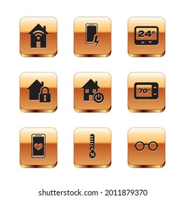 Establezca Smart home con wi-fi, frecuencia cardíaca móvil, humedad, casa bajo protección, termostato, gafas e icono de batería de carga. Vector