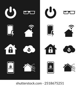Set Smart home with wi-fi, Mobile charging battery, Power button, glasses, House under protection, Humidity,  and and password icon. Vector
