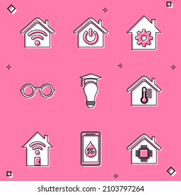 Set Smart home with wi-fi, settings, Glasses, Light bulb and graduation cap, House temperature,  and Humidity for smart icon. Vector