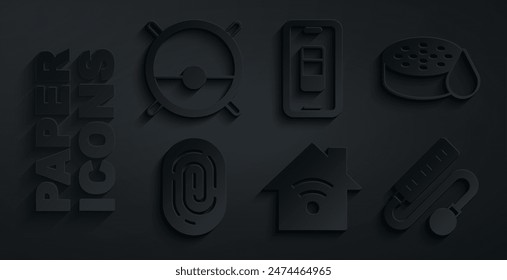 Set Smart home with wi-fi, Water sensor, Fingerprint, Electric extension cord, Smartphone battery charge and Robot vacuum cleaner icon. Vector