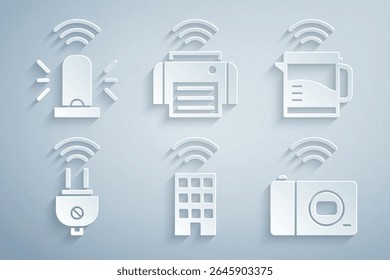 Set Smart home with wireless, electric kettle, plug, photo camera, printer and flasher siren icon. Vector