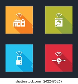 Establezca Smart Home con conexión inalámbrica, lavadora, cerradura de combinación segura e icono de reloj inteligente. Vector
