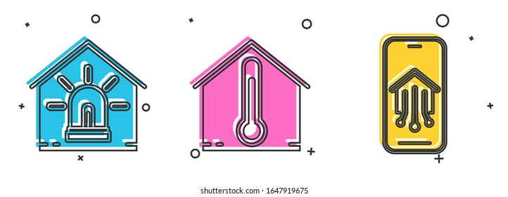 Set Smart house and alarm, House temperature and Mobile phone with smart home icon. Vector