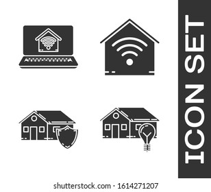 Set Smart house and light bulb, Laptop with smart home with wi-fi, House under protection and Smart home with wi-fi icon. Vector