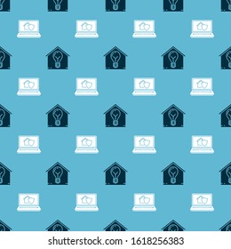 Set Smart house and light bulb and Laptop with house under protection on seamless pattern. Vector