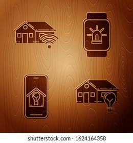 Set Smart house and light bulb, Smart home with wi-fi, Mobile phone with smart house and light bulb and Smart watch and alarm on wooden background. Vector