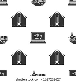 Set Smart house and light bulb, Laptop with house under protection and House temperature on seamless pattern. Vector