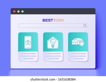 Set Smart house and light bulb, Mobile phone with house temperature and House under protection icon. Vector