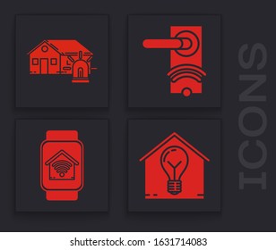 Set Smart house and light bulb, Smart house and alarm, Digital door lock with wireless technology for unlock and Smart watch with smart home with wi-fi icon. Vector