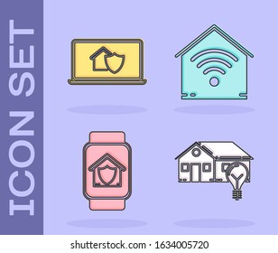 Set Smart house and light bulb, Laptop with house under protection, Smart watch with house under protection and Smart home with wi-fi icon. Vector