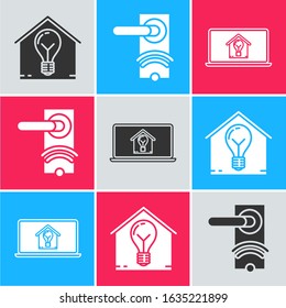 Set Smart house and light bulb, Digital door lock with wireless technology for unlock and Laptop with smart house and light bulb icon. Vector