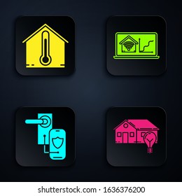 Set Smart house and light bulb, House temperature, Digital door lock with wireless technology for lock and Laptop with smart home with wi-fi. Black square button. Vector