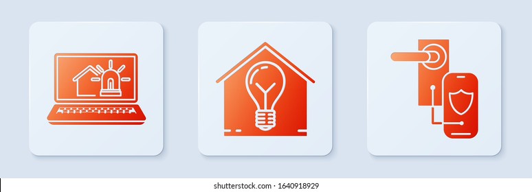 Set Smart house and light bulb, Laptop with smart house and alarm and Digital door lock with wireless technology for lock. White square button. Vector