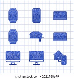 Set Smart house and light bulb, Computer monitor with smart home with wi-fi, Laptop under protection, watch,  and alarm icon. Vector