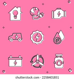 Set Smart house and light bulb, Global energy power planet, Check engine, Electric car, Lightning bolt, Water, Car battery and Wind turbine icon. Vector