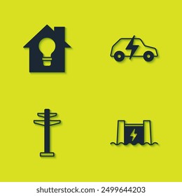 Set Smart house and light bulb, Hydroelectric dam, Electric tower and car icon. Vector