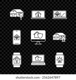 Set Smart house and light bulb, Laptop with temperature, smart home wi-fi, watch, under protection, alarm, Mobile phone and Computer monitor icon. Vector