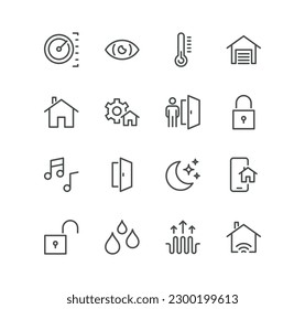 Set of smart house related icons, camera, lock, settings, fan control, power, management, garage and linear variety vectors.