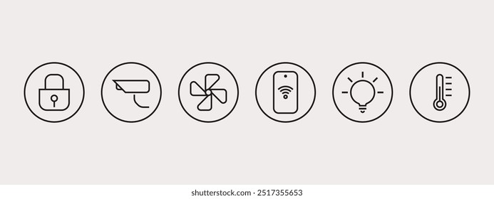 Set of Smart House Related Vector Line Icons - Fan Control, Camera, Lighting, Temperature Control. Editable Stroke Weights. Refined Style Sophistication.