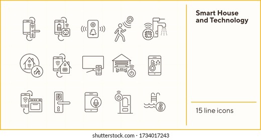Conjunto de iconos de Smart House y Tecnología. Vector de línea delgada. El concepto de casa inteligente. Ilustración plana para diseño web, interfaz, aplicación móvil, infografía, publicidad
