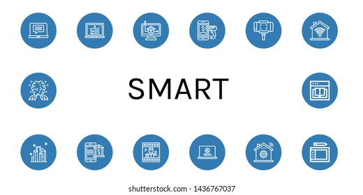 Set of smart icons such as Laptop, Home control, Mobile payment, Selfie stick, Domotics, City, Payment method, Photo, Home automation, Drawing tablet, AI, Ebook , smart